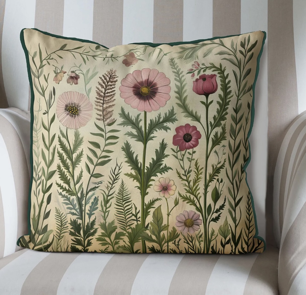pink and green floral cushion cover with botanical print, perfect for bright coloured sofas and modern country interiors