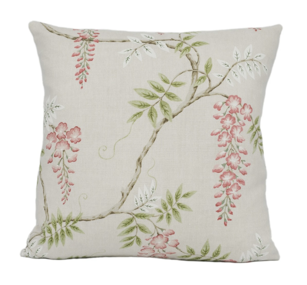 Colefax and Fowler Grayshott wisteria pink and green linen cushion, elegant accent for bright coloured sofas and classic schemes