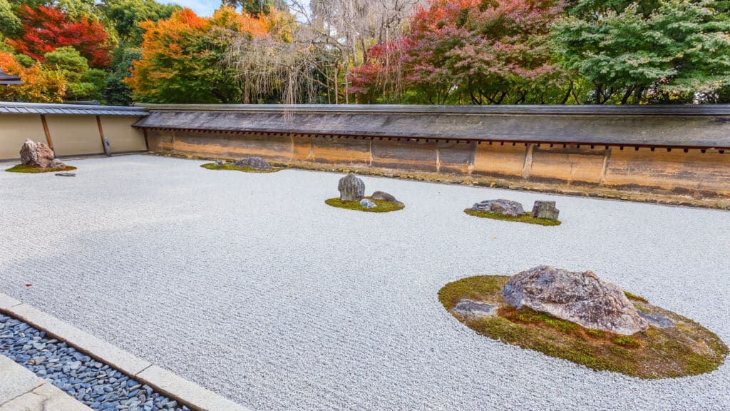 Ryoanji Temple zen garden in Kyoto — fifteen rocks arranged on raked white gravel, the most famous karesansui in the world
