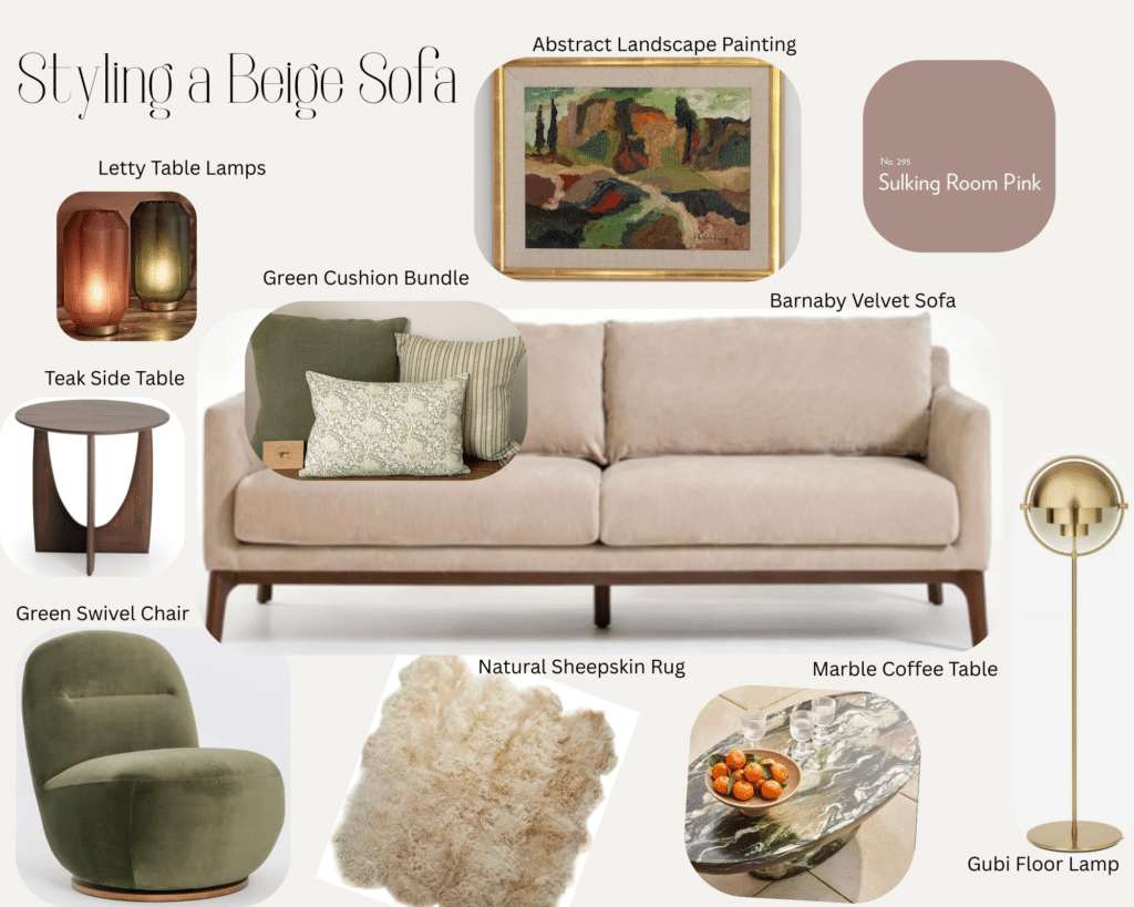 Beige Beige sofa living room mood board with Barnaby mushroom velvet sofa, green velvet swivel chair, green marble coffee table, teak side table, champagne sheepskin rug, Letty table lamps, brass GUBI floor lamp, abstract landscape painting and Farrow & Ball Sulking Room Pink.