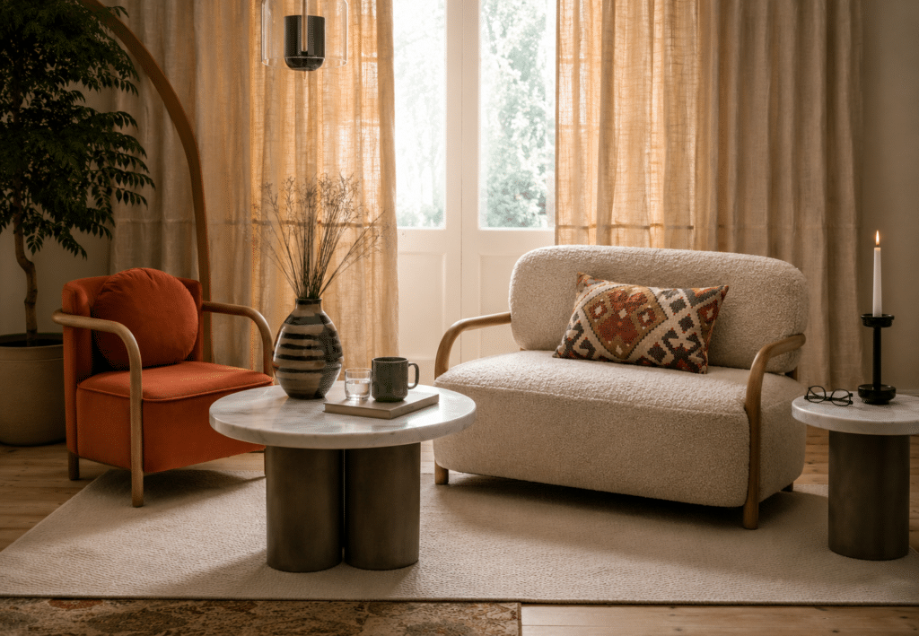 Beige sofa styled with rust accent chair, marble coffee table, neutral rug and earthy cushions in a warm contemporary living room by Atkin & Thyme.