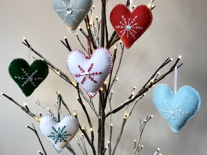 Felt heart Christmas ornaments with embroidery