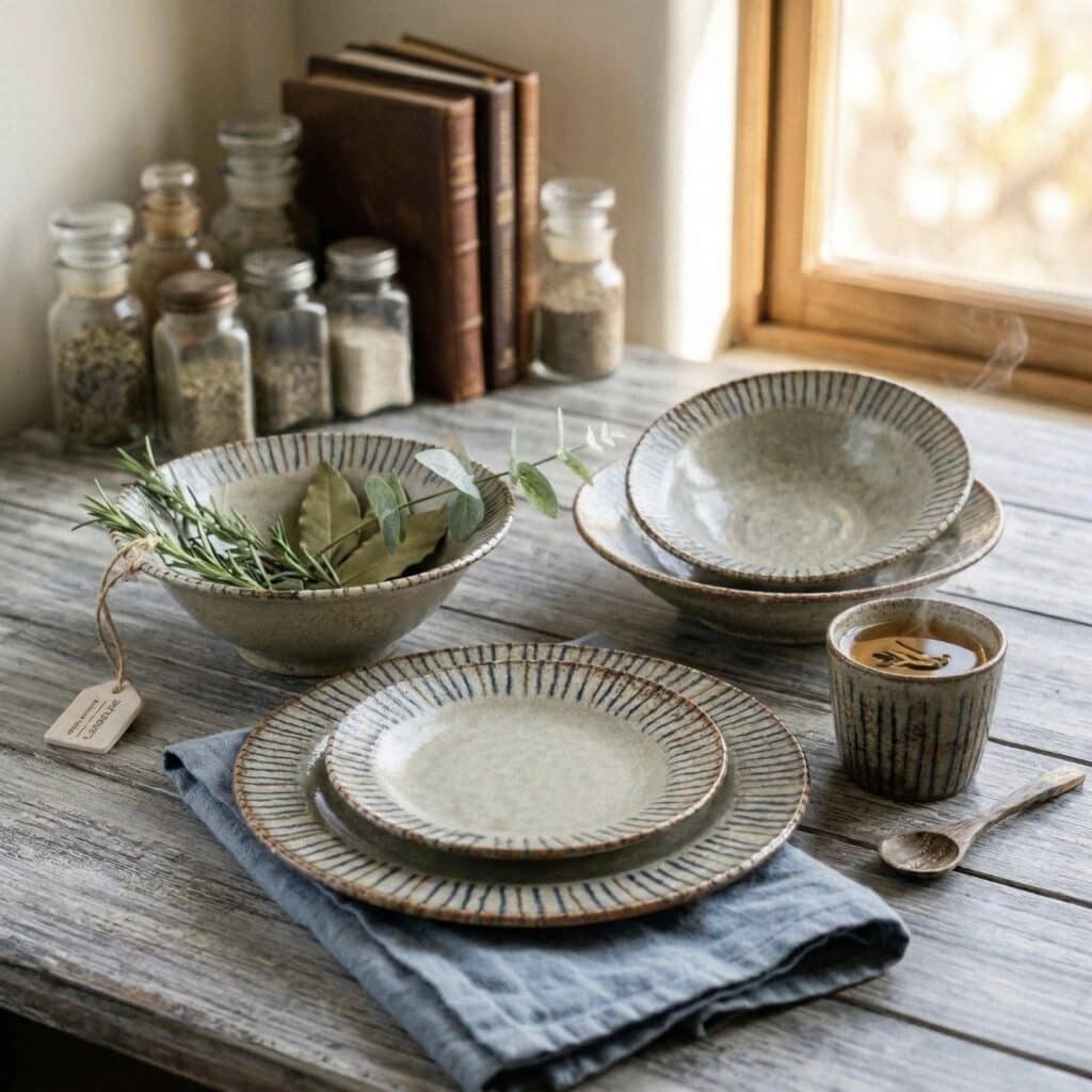 Handmade Japanese ceramic tableware set with ribbed celadon bowls and plates styled on a rustic oak table with fresh herbs and spice jars