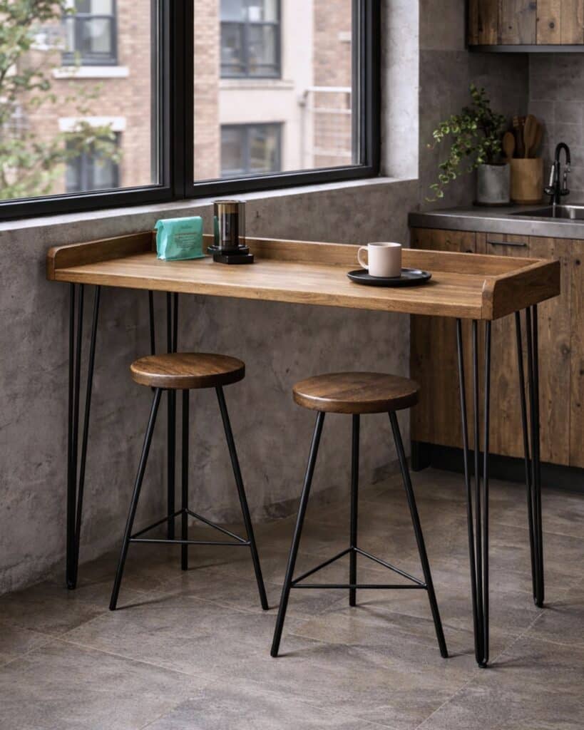 Scandinavian japandi breakfast bar table with hairpin legs and matching round stools in solid wood