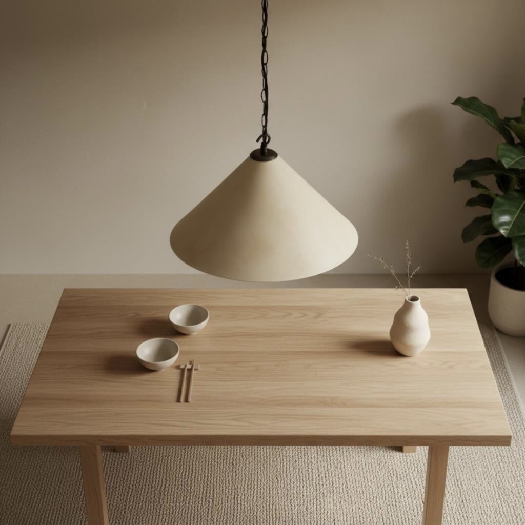 Handmade sandstone plaster conical pendant light over an oak dining table with ceramic bowls and bud vase in a japandi kitchen