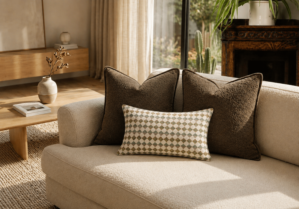 Brown bouclé cushions layered with a patterned lumbar cushion on a beige sofa, creating a warm, textured and contemporary living room.