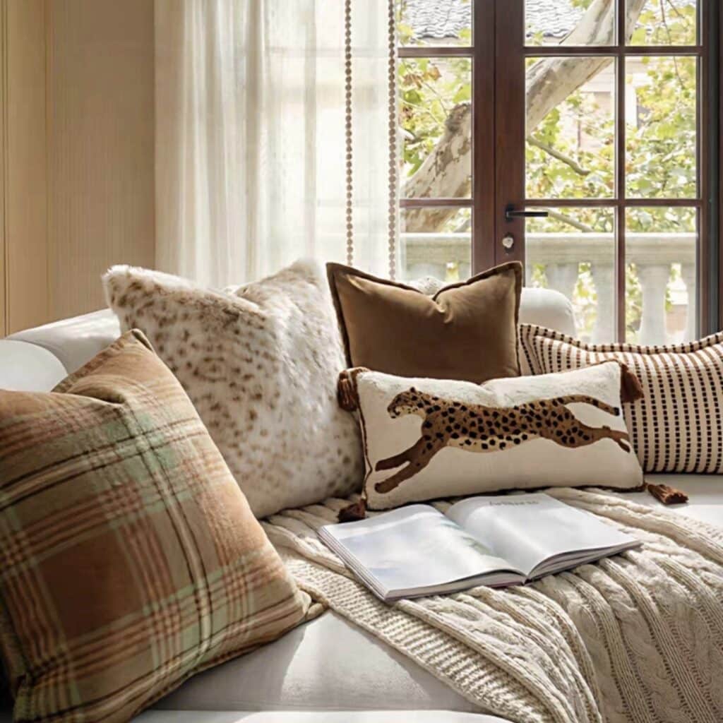 Beige sofa styled with chocolate brown, caramel and earthy neutral cushions, including a leopard print lumbar cushion for a warm, layered living room.