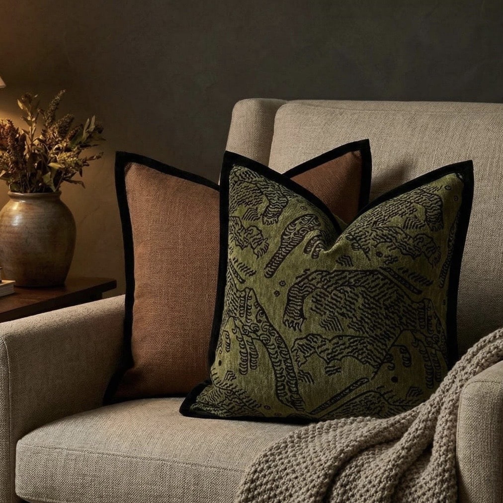 Olive green patterned and chocolate brown linen cushions styled on a beige sofa with a knitted throw for a warm, earthy living room.