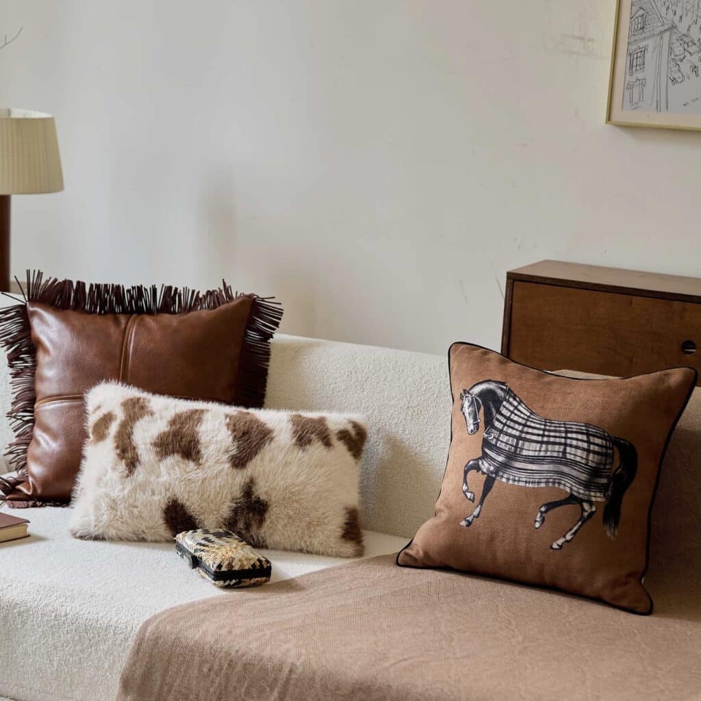 Beige sofa styled with leather, faux fur and printed cushions in warm chocolate and cream tones, demonstrating how to layer different textures and shapes.