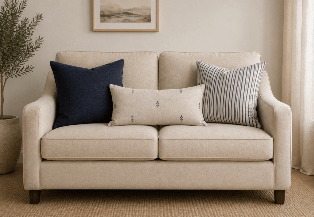 Beige sofa styled with black and beige patterned linen cushions in a mix of stripes, checks and textured prints for a contemporary neutral living room.