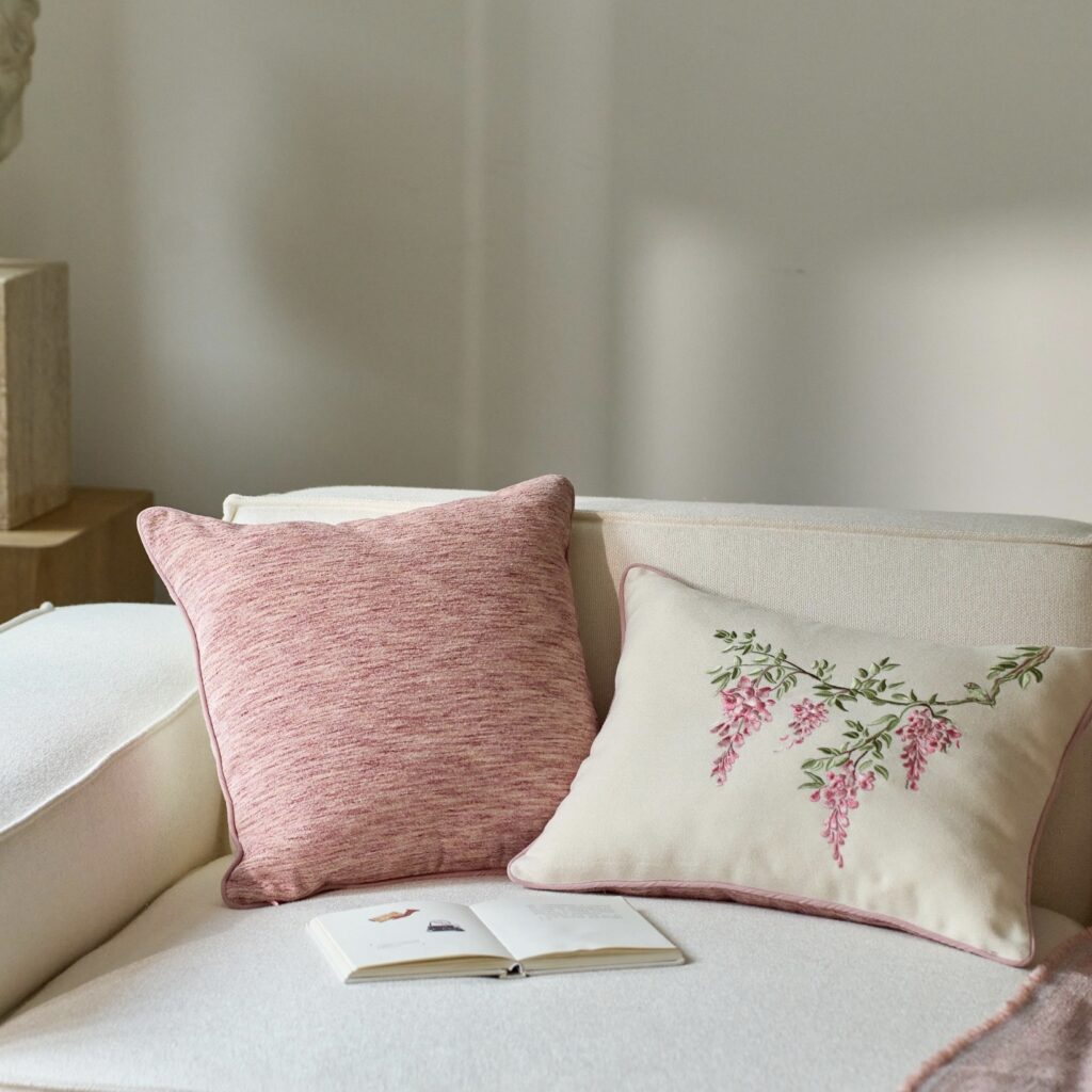 Beige sofa styled with dusty pink textured and embroidered floral cushions for a soft, elegant living room.