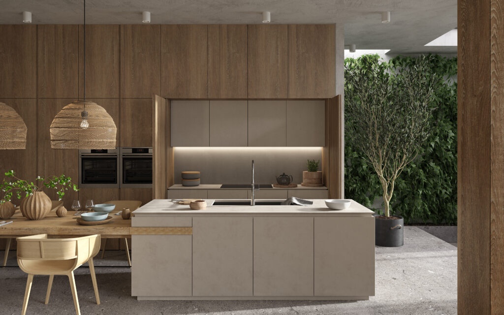 Japandi kitchen with 2 tone kitchen cabinets in beige and wood, with combined kitchen island and dining table