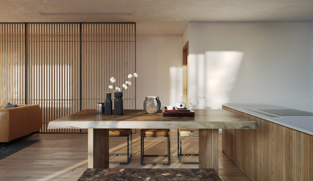 Japandi-style dining area with natural wood finishes, minimalist decor, and slatted wood divider