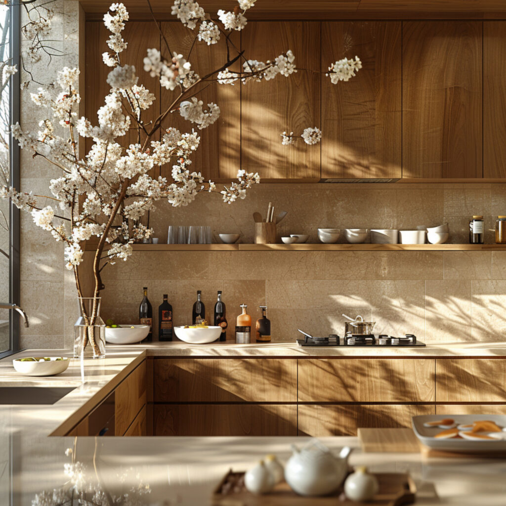 Japandi kitchen with natural wood cabinets, minimalist design, and cherry blossom decor