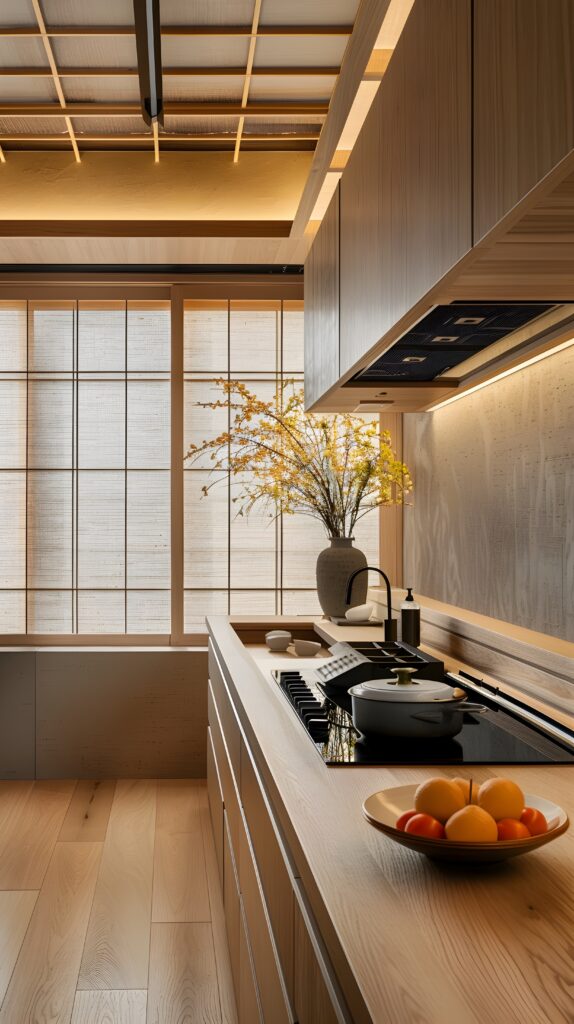 Japandi kitchen with wooden countertops, Shoji screen backdrop, and natural decor accents