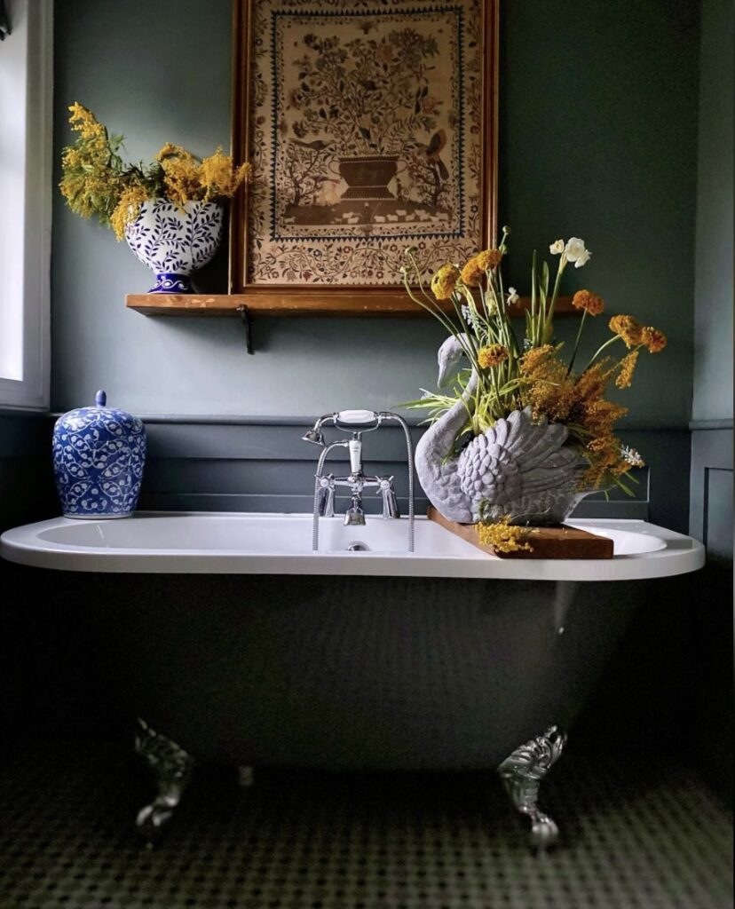 Bathroom wood panelling painted in De Nimes and Down Pipe by Farrow & Ball