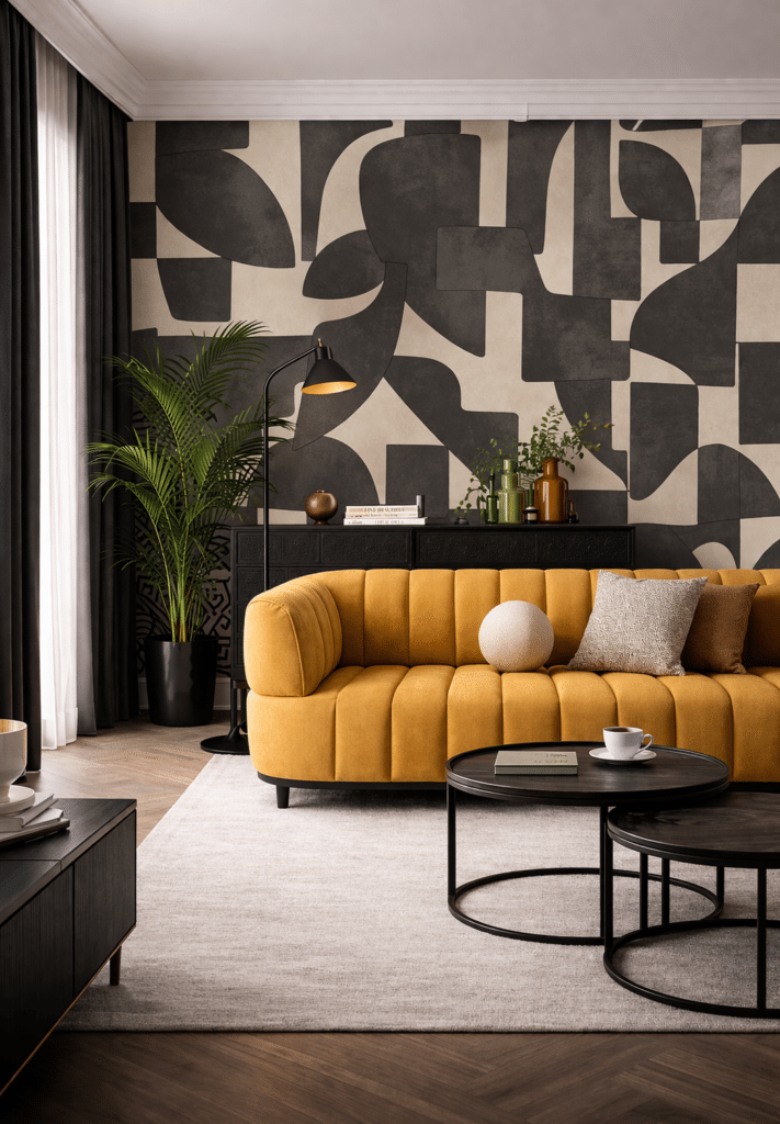 Black living room abstract feature wall