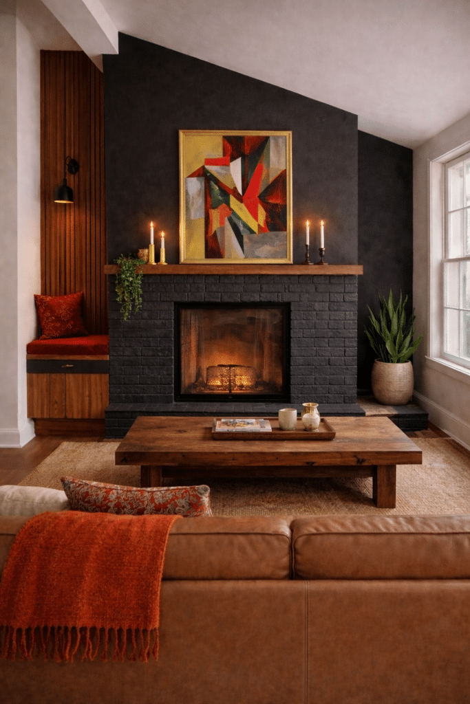 Moody black living room with a matte black feature wall, black brick fireplace, cognac leather sofa, rustic wood coffee table, and warm red textiles.