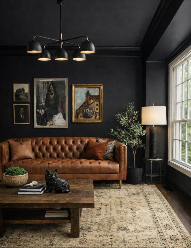 Moody modern black living room with cognac leather sofa, rustic wooden coffee table, vintage-style rug, black chandelier and warm table lamp
