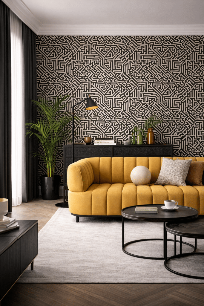 Mustard sofa in a black living room with a bold black-and-white geometric feature wall, black sideboard and dark curtains.