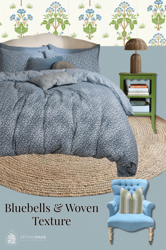 Blue cottage bedroom moodboard with Morris-style floral wallpaper, ditsy blue bedding, a green scalloped bedside table, a rattan lamp, a jute rug and a blue tufted armchair