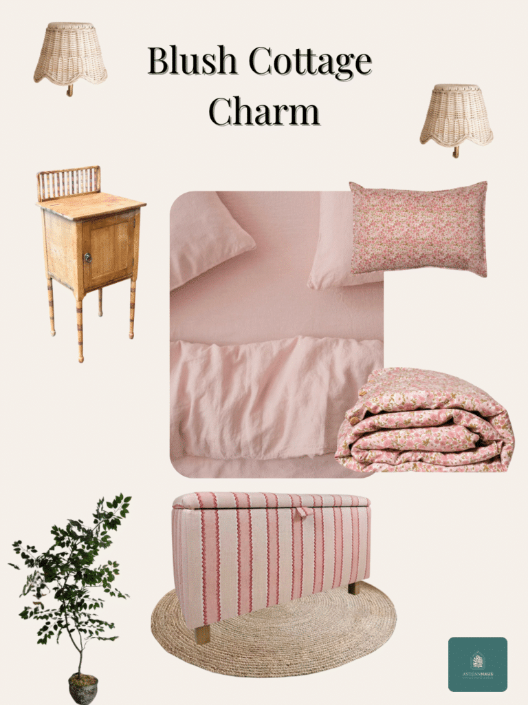 Blush Cottage Charm moodboard for cottage bedroom ideas, featuring blush pink bedding, floral print textiles, rattan lampshades, warm wood bedside storage, and a striped pink ottoman on a natural jute rug.