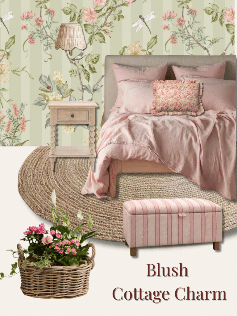 Blush cottage bedroom ideas moodboard with sage striped floral wallpaper, a rattan scalloped wall light, pink linen bedding, a Liberty ruffle cushion, a jute rug and a pink striped ottoman