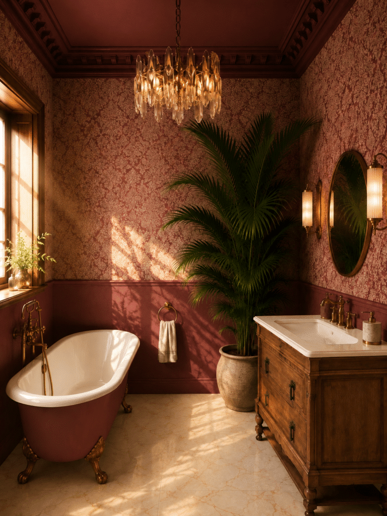 Burgundy wallpaper bathroom