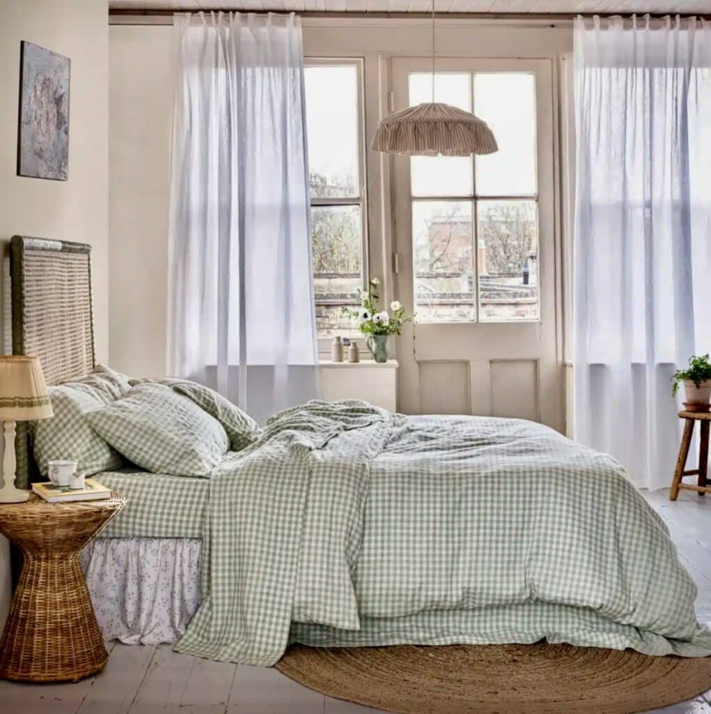 Cottage bedroom design ideas: cosy green gingham bedding and layered, timeless styling