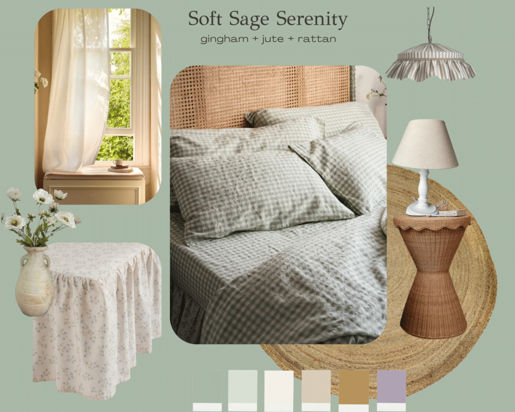 Soft sage gingham bedding in a cottage style bedroom with rattan headboard, jute rug and warm neutrals – cottage bedroom ideas.