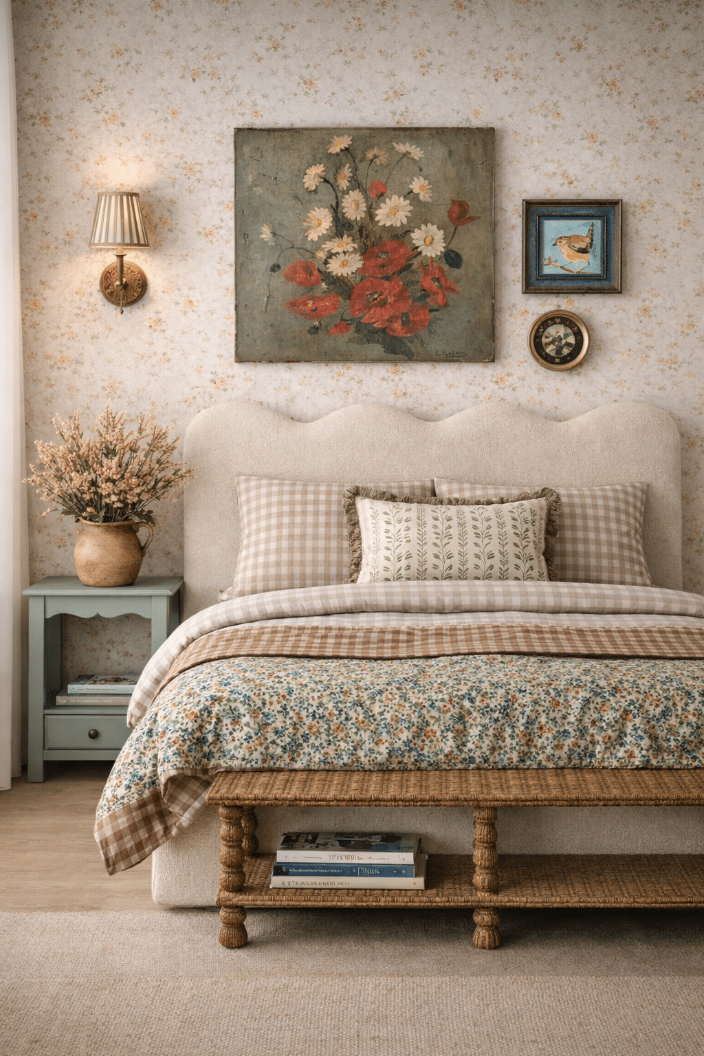 AI visualisation of a beige cottage bedroom with a scalloped cream bed, beige gingham bedding, a floral quilt, a rustic bedside vignette, a rattan bench, vintage-style art and a warm wall light.