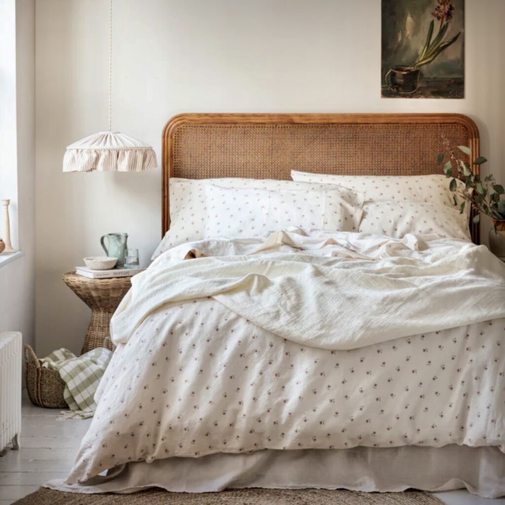 Floral bedding, cane headboard, and soft textures — serene styling for cottage bedroom ideas.