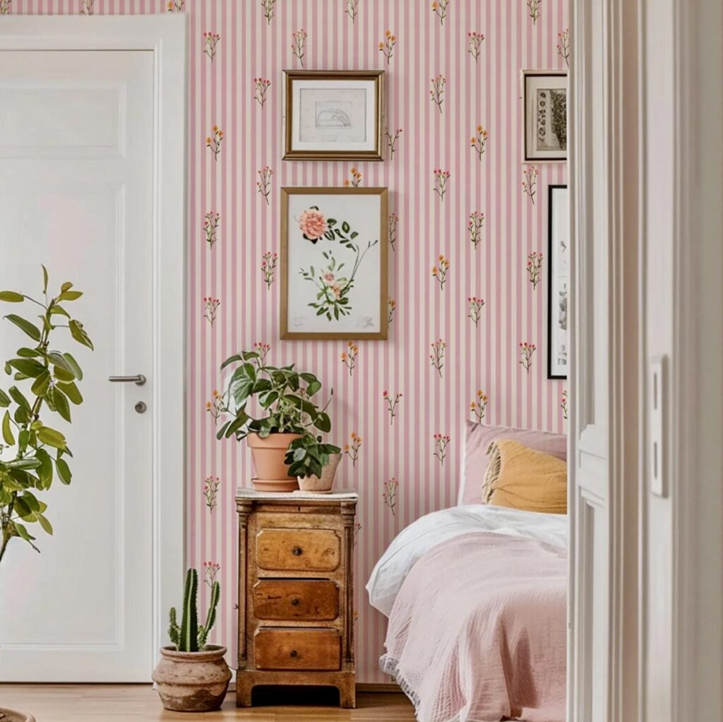 Cottage bedroom ideas with ditsy stripe floral wallpaper, vintage wooden furniture, and pink bedding.