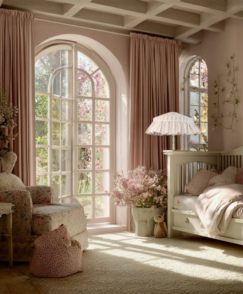 Blush pink cottage bedroom ideas with arched windows, floral armchair, and vintage striped lampshade.