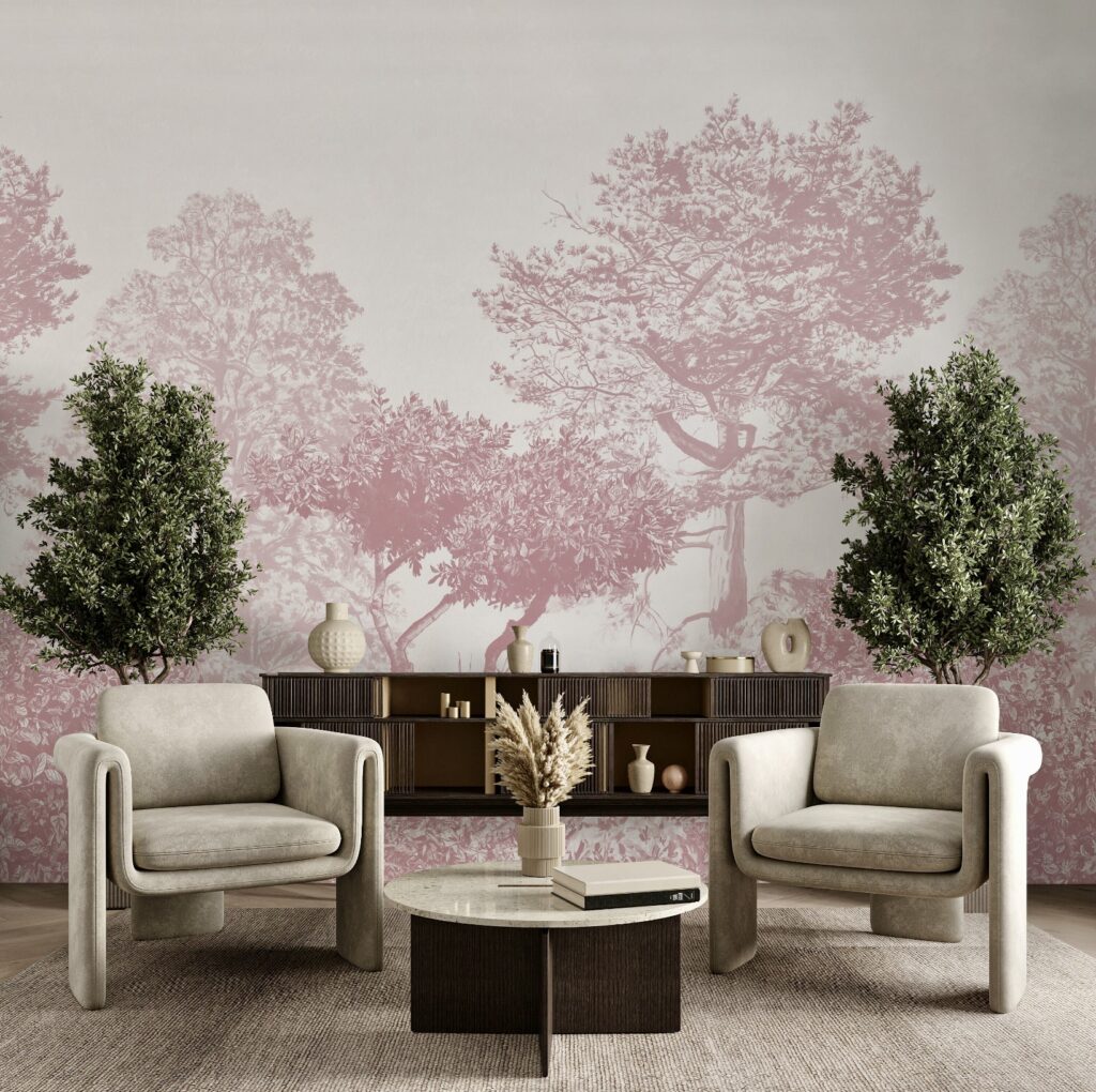 A sophisticated living space featuring a soft burgundy tree mural on a neutral background, creating a serene and elegant atmosphere. The room is furnished with two curved beige armchairs, a marble-topped coffee table with a dried floral arrangement, and a dark wood sideboard adorned with sculptural vases and decorative objects. Two lush green plants frame the setting, adding a natural contrast to the muted tones. This design demonstrates how a subtle burgundy hue can be introduced in a refined and understated way.