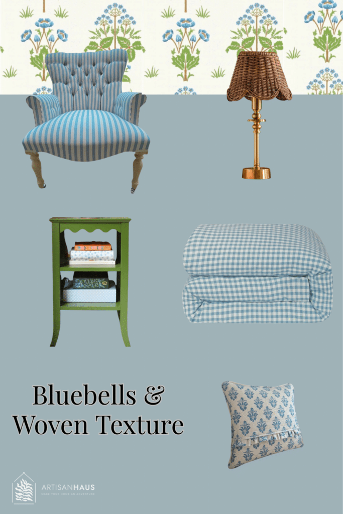 Blue cottage bedroom moodboard with Morris & Co botanical wallpaper, blue striped accent chair, scalloped rattan lamp, green painted bedside table, blue gingham bedding and a blue floral cushion (Bluebells & Woven Texture).
