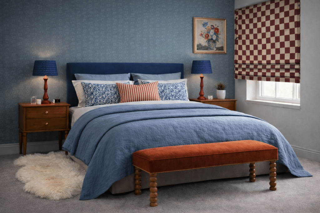 Concept styling for blue bedroom ideas: navy upholstered headboard with duck egg blue bedroom walls, patterned red Roman blind, blue bedding, a rust bench at the foot of the bed, and a cosy sheepskin rug for texture.