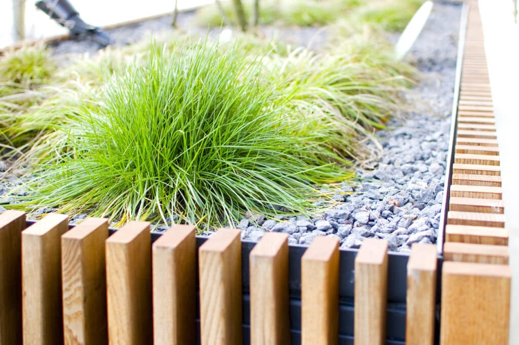 Gravel garden ideas featuring a modern timber border edging grey gravel beside ornamental grass planting