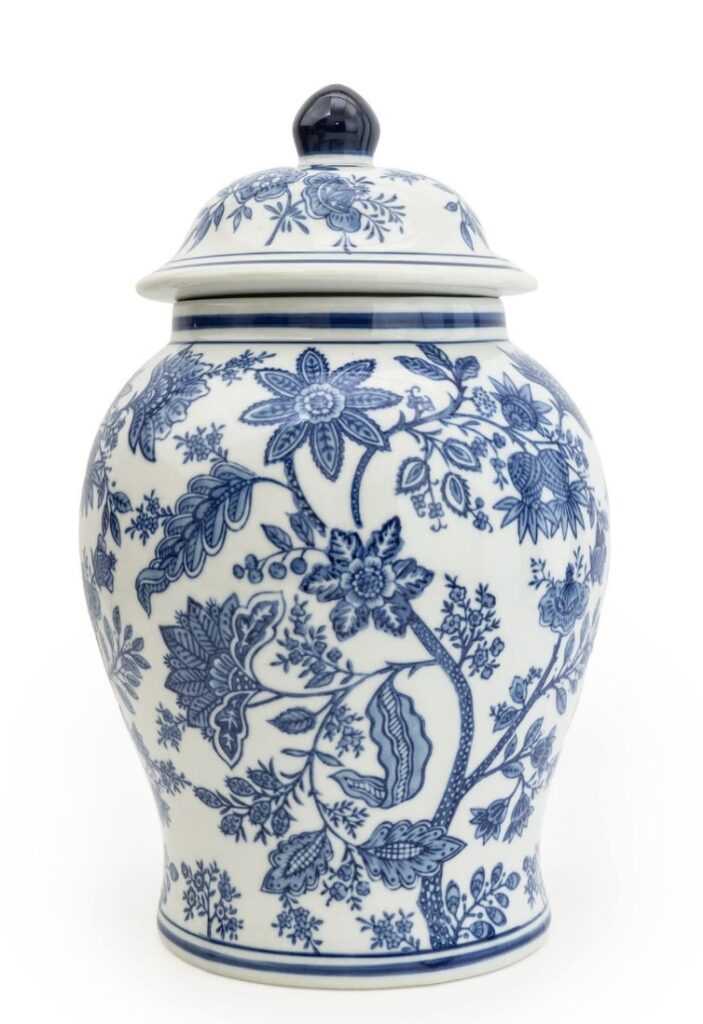 Blue and white ginger jar styled as a decorative accent in a blue bedroom – blue bedroom ideas