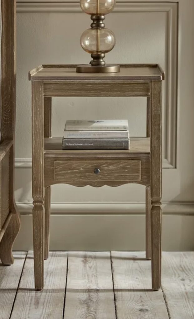 Louves bedside table in natural oak, styled in a romantic blue bedroom – blue bedroom ideas