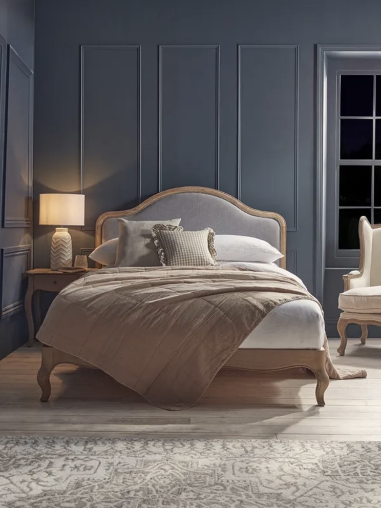 Avery bed styled in a panelled blue bedroom – blue bedroom ideas