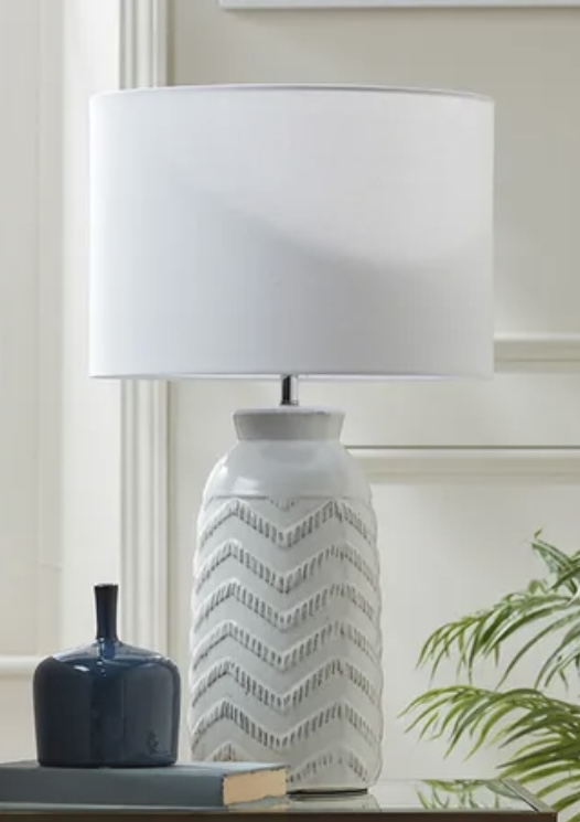 Glazed Chevron table lamp styled in a sophisticated blue bedroom – blue bedroom ideas