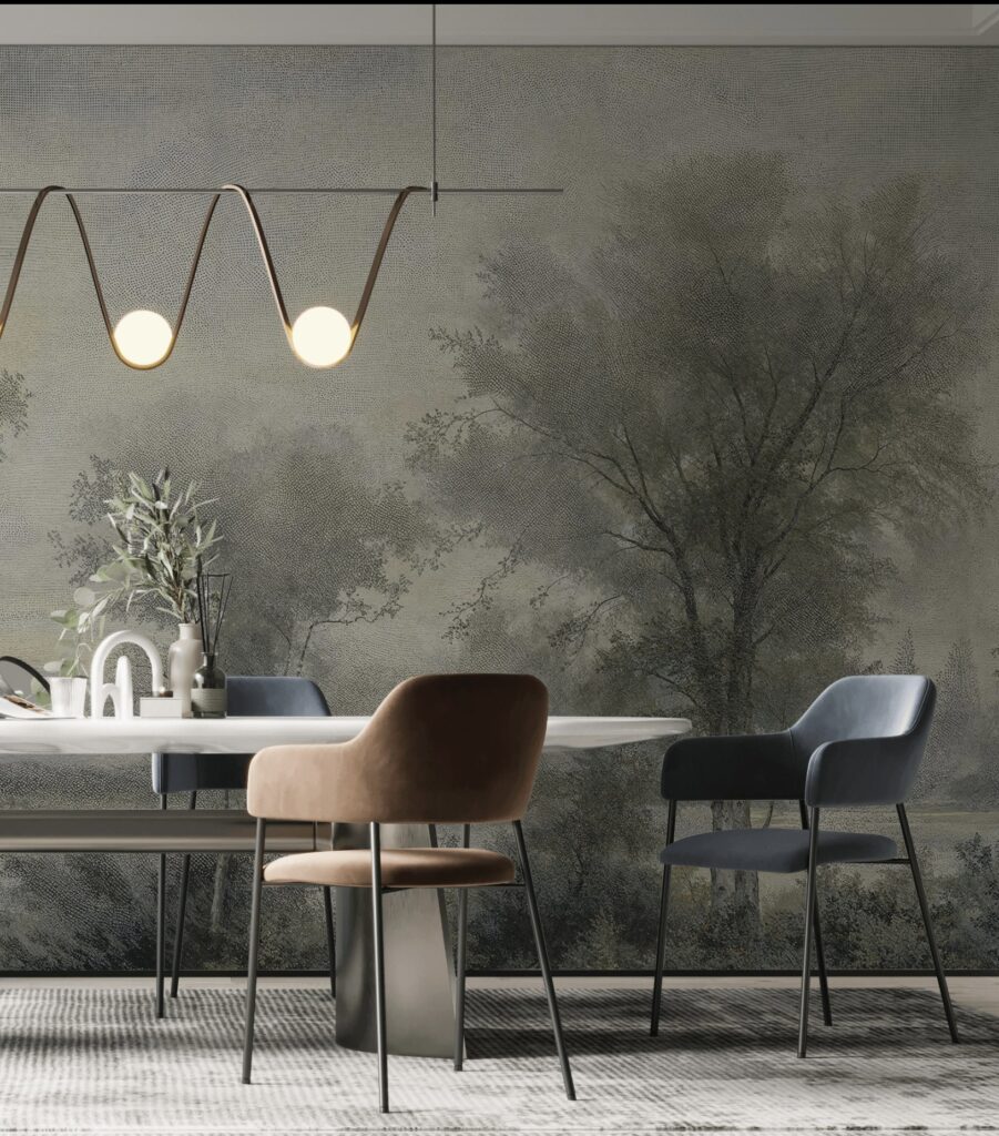 Feature wall ideas: A misty, hand-painted tree mural adds depth and elegance to a dining space. The soft, muted landscape creates a serene atmosphere, blending seamlessly with modern furniture and warm lighting for a sophisticated, timeless aesthetic.