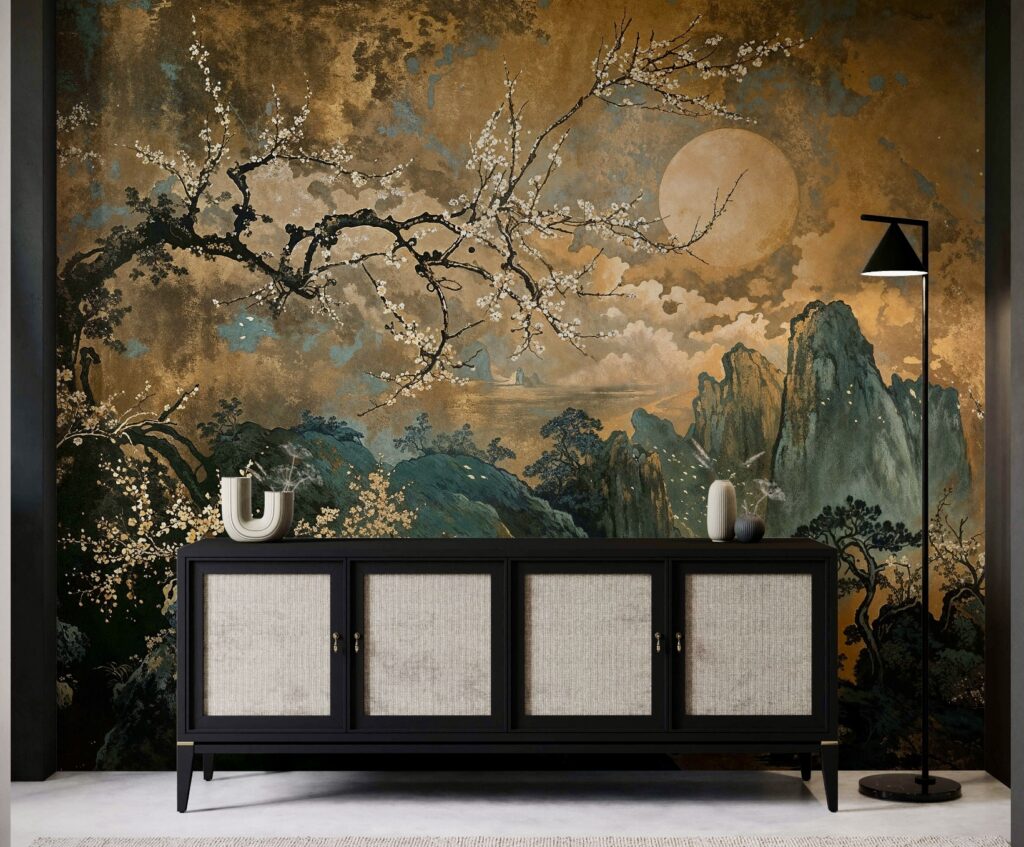 Feature wall ideas: A luxurious mural with a moonlit cherry blossom scene in rich gold, teal, and black hues. This dramatic statement wall adds elegance and depth to living rooms, dining areas, or hallways.