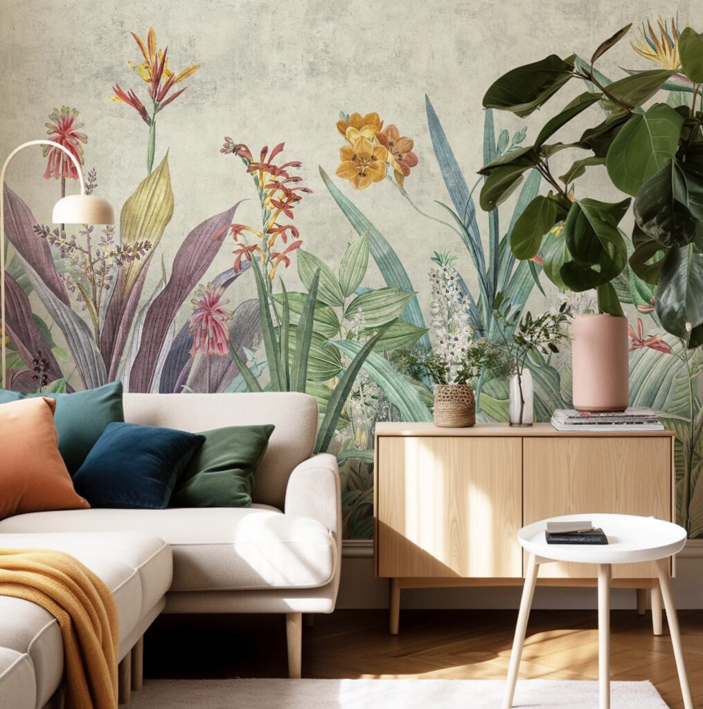 Feature wall ideas: A vibrant tropical floral mural adds colour and energy to a living room. Oversized botanical illustrations in soft greens, yellows, and pinks create a fresh and inviting atmosphere, complementing natural wood furniture and cosy textiles.