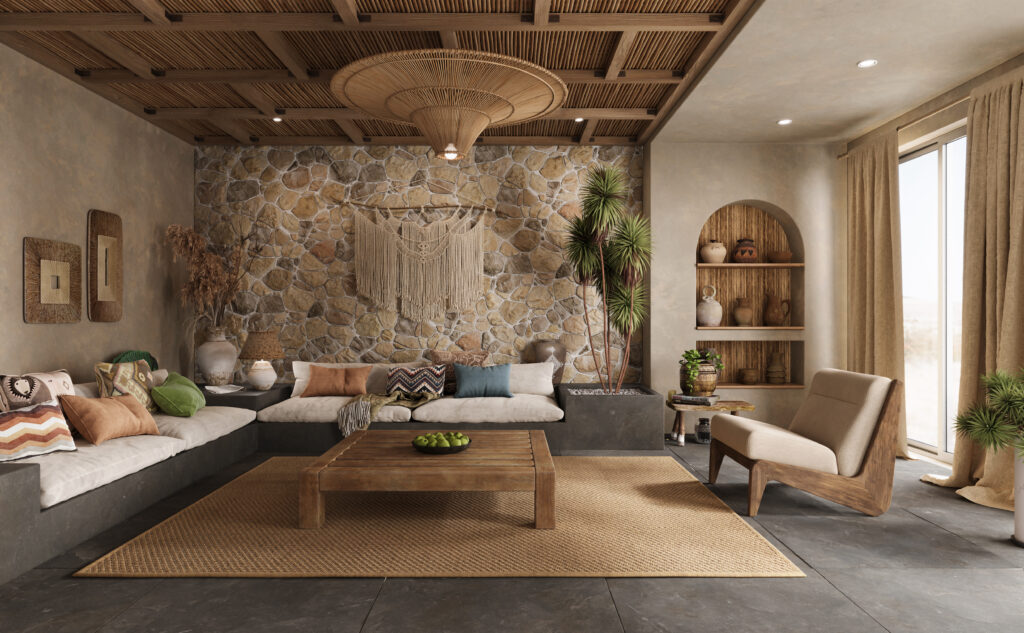 Bohemian living room with a natural stone feature wall, built-in seating, earthy textiles, and wooden accents, creating a warm and inviting space. Feature wall ideas for a rustic and organic aesthetic.