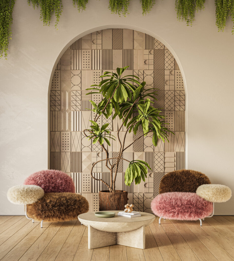 Geometric feature wall idea with an arched alcove, textured panel design, and a statement indoor plant, complemented by plush, fur-covered accent chairs.