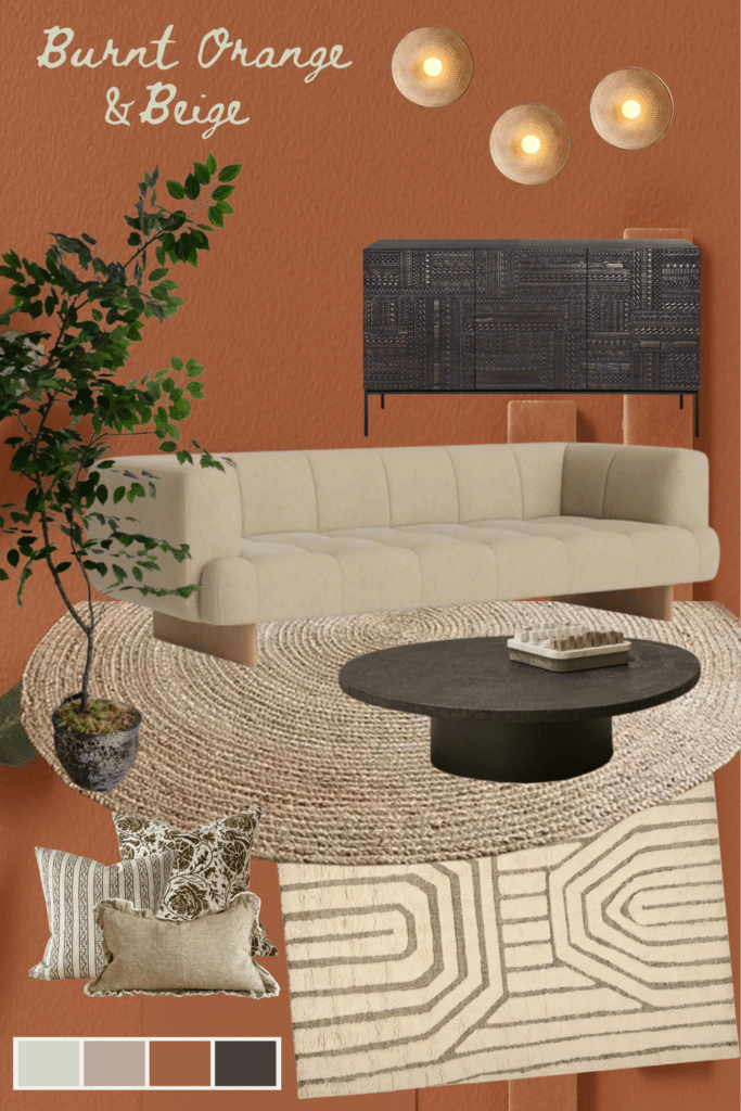 Rustic burnt orange and beige living room moodboard