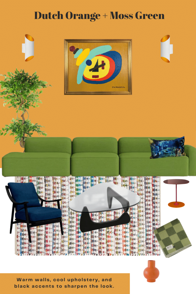 Dutch Orange + moss green living room mood board with green sofa, patterned rug, sculptural coffee table, blue accent chair, wall art and warm orange accessories.