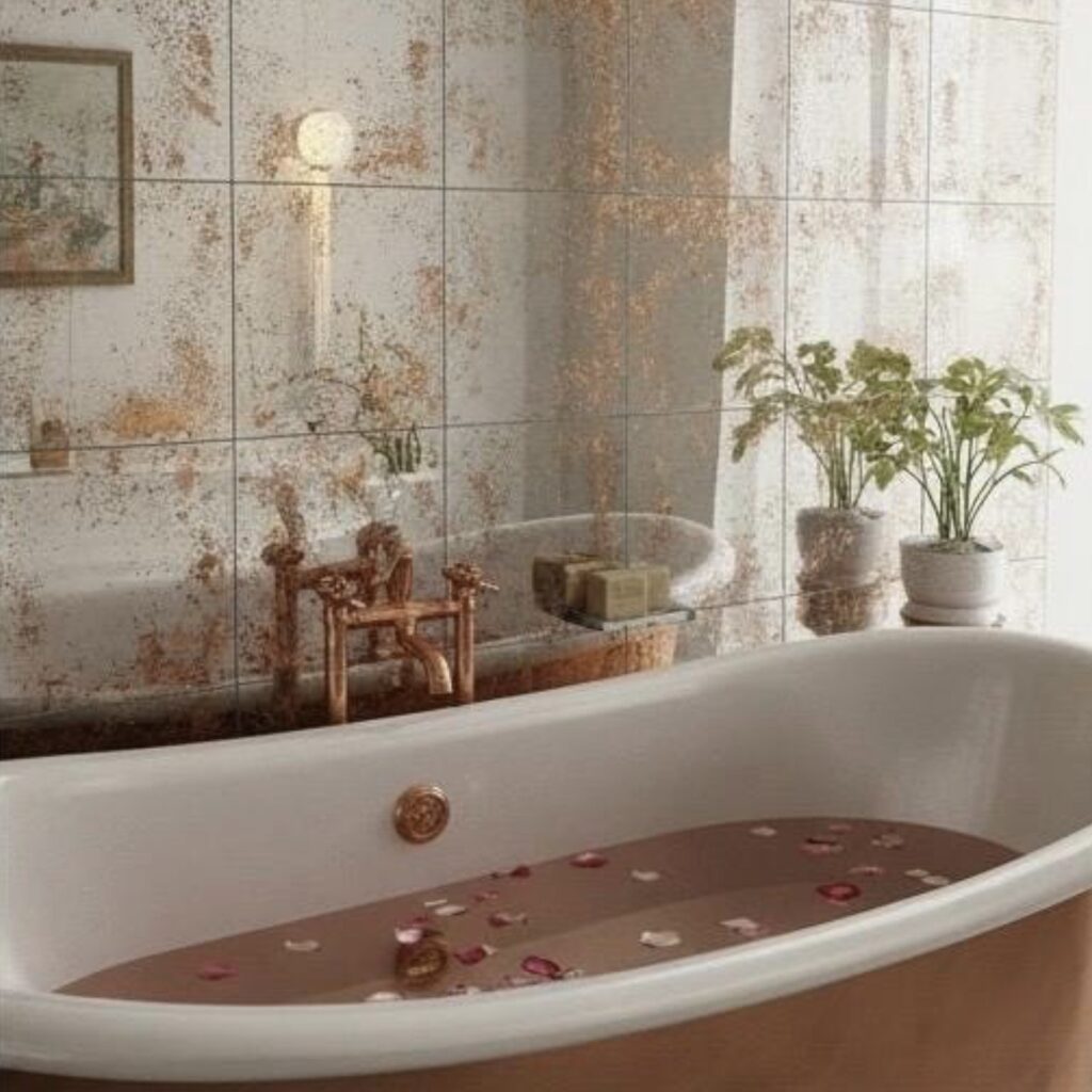 Antique copper mirror tile feature wall in a bathroom with roll-top bath — vintage feature wall ideas for bathrooms